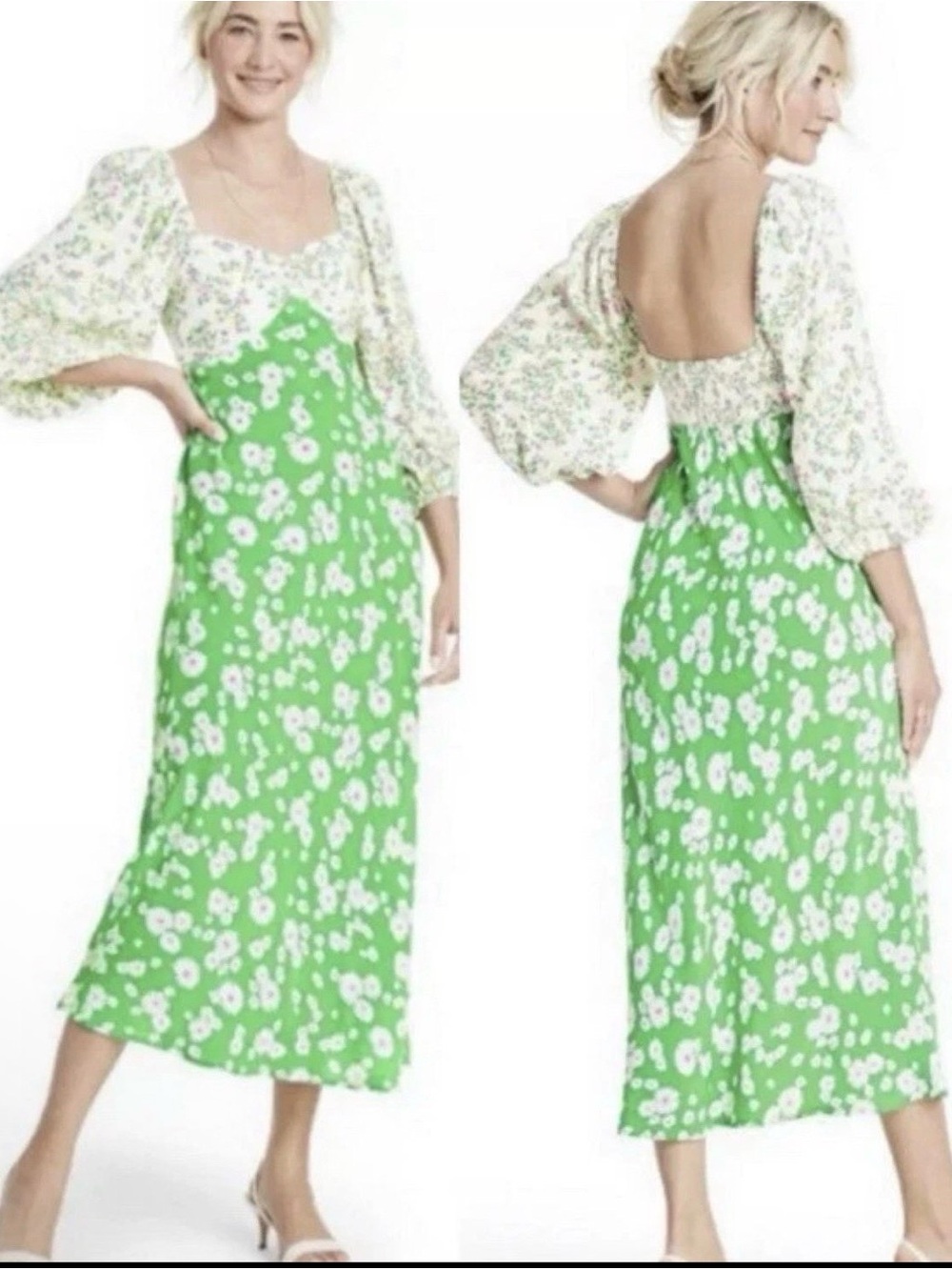 RIXO Green and White Floral Midi Dress